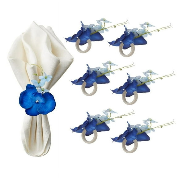 6PCS Handmade Orchid Flower Napkin Rings Blue Flower Holders Handcraft Buckles Rings for Wedding Table Decor