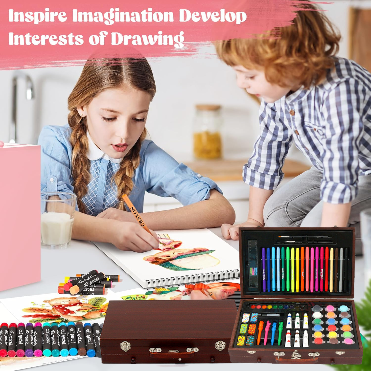 123 Piece Deluxe Art Set, Wooden Box & Drawing Kit with Crayons, Oil Pastels, Colored Pencils, Watercolor Cakes, Sketch Pencils, Paint Brush, Sharpener, Eraser for Girls Boys 6-8 9-12 13 14 Year Old