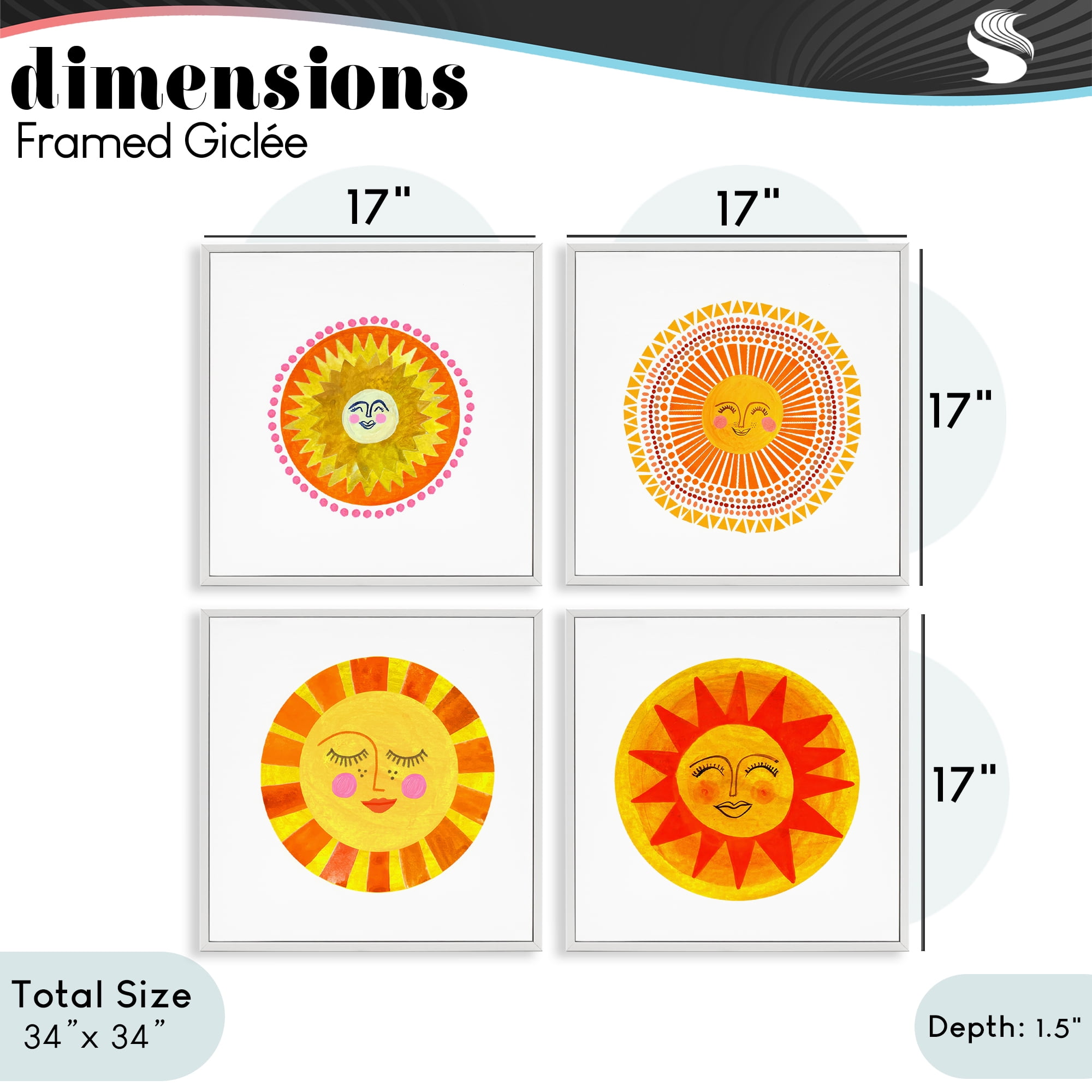 Stupell Industries Whimsical Smiling Suns 4 Piece White Framed Giclee Art Set, design by Katherine Herrell Studio