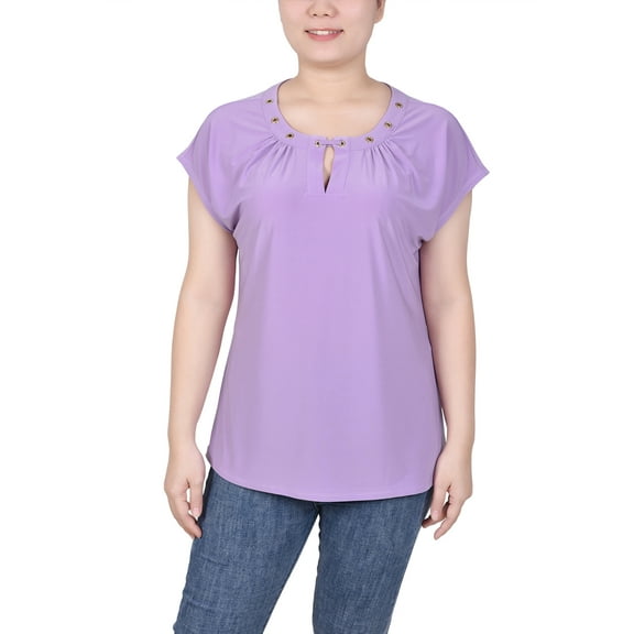 NY Collection Women's Short Extended-Sleeve Grommet Neck Knit Top
