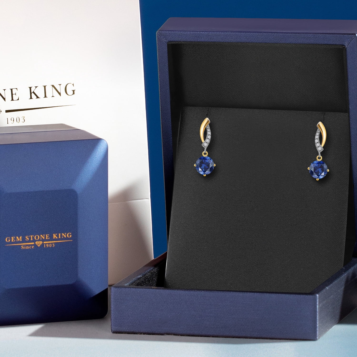 Gem Stone King 925 Silver and 10K Yellow Gold Blue Created Sapphire and White Lab Grown Diamond Dangle Earrings for Women | 2.05 Cttw | Gemstone September Birthstone | Round 6MM