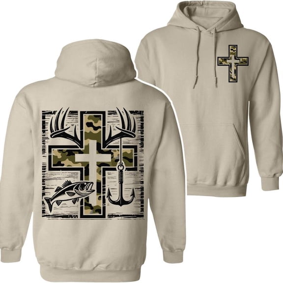 Camo Faith Hunting Fishing Hoodie for Men, Christian Outdoor Hoodie with Cross, Deer Antlers & Fish Hook, Perfect Gift for Hunters & Fishermen