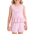thumbnail image 2 of Amidoa Girls 2 Piece Outfits Summer Clothes Cotton Ruffle Sleeve Tank Top T-Shirt and Shorts Casual Kids Clothing Sets,Pink Size 3T, 2 of 7