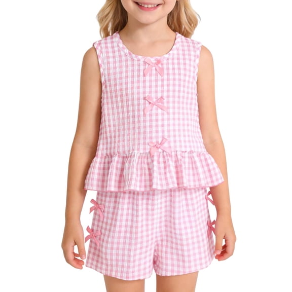Edvintorg Outfits for Girls Cute Plaid Crew Neck Sleeveless Ruffle Hem Loose Casual Tops and Shorts Girls 2 Piece Sets Size 1-8