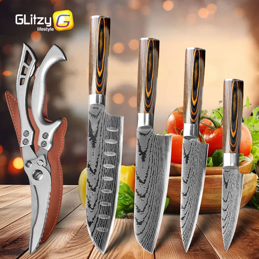Japanese Chef Knife Set,Kitchen Knife Sets with 7" Santoku Knife,5" Santoku Slicing,5" Utility Knife,4" Paring Knife and Chicken Scissor
