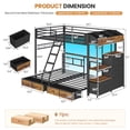 thumbnail image 3 of Metal Triple Bunk Bed Full over Twin over Twin Bunk Beds with Headboard & LED Lights, 3 Bed Triple Bunk Bed Frame with Charging Station, 8 Storage Drawers, Shelves, Guardrail and Ladder, Black, 3 of 9