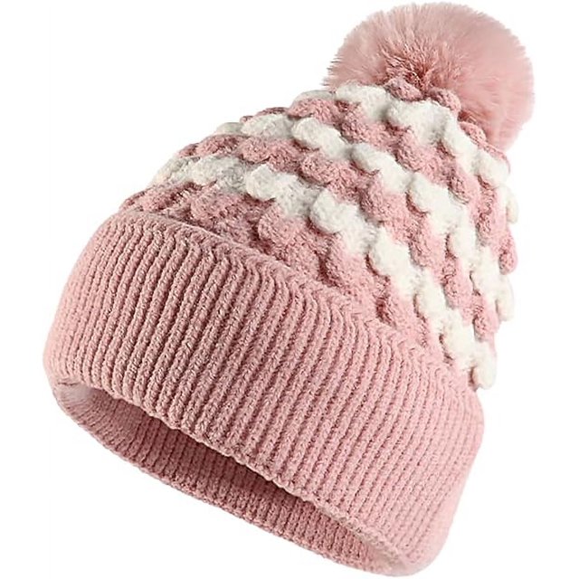 Gorro de punto elástico de invierno para mujer, color rosa, forro de lana gruesa, gorro de lana cálido, acogedor y suave para esquiar y andar en bicicleta