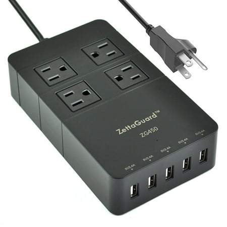 Zettaguard Mini 4-Outlet Travel Power Strip / Surge Protector with USB Charger / USB Charging Station (5-Port Smart, 40W/8A) and 5 Feet Power Cord for Home, Office, Hotel, & Dresser (ZG450
