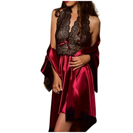 

kcdigr Women s Hollow Out Lace Lingerie Nightgown and Nightgown 2 Piece Set Ladies Hollow Lace Lingerie Nightgown Nightdress 2 Piece Set