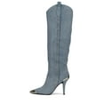 thumbnail image 2 of Jeffrey Campbell By-Golly Blue Acid Wash Denim Silver Stiletto Heel Boots (Blue Acid Wash Denim Silver, 7), 2 of 4