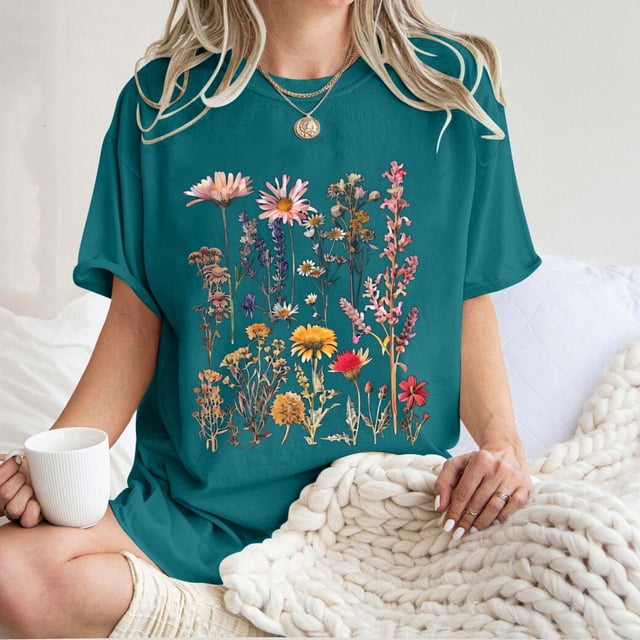 LOVZFMLL Women's Summer Tops Floral Pattern Short Sleeved Round Neck Drop Shoulder Sleeve T-shirt Top