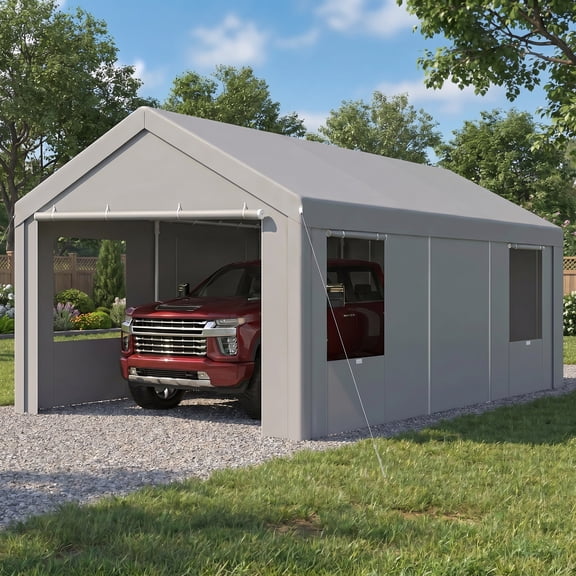 HOTEEL Carport 12x19 ft Heavy Duty Car Canopy with Roll-up Windows Portable Garage with Removable Sidewalls & Door, Outdoor Canopy Carport Portable Car Tent Garage Car Canopy with Steel Frame, Gray