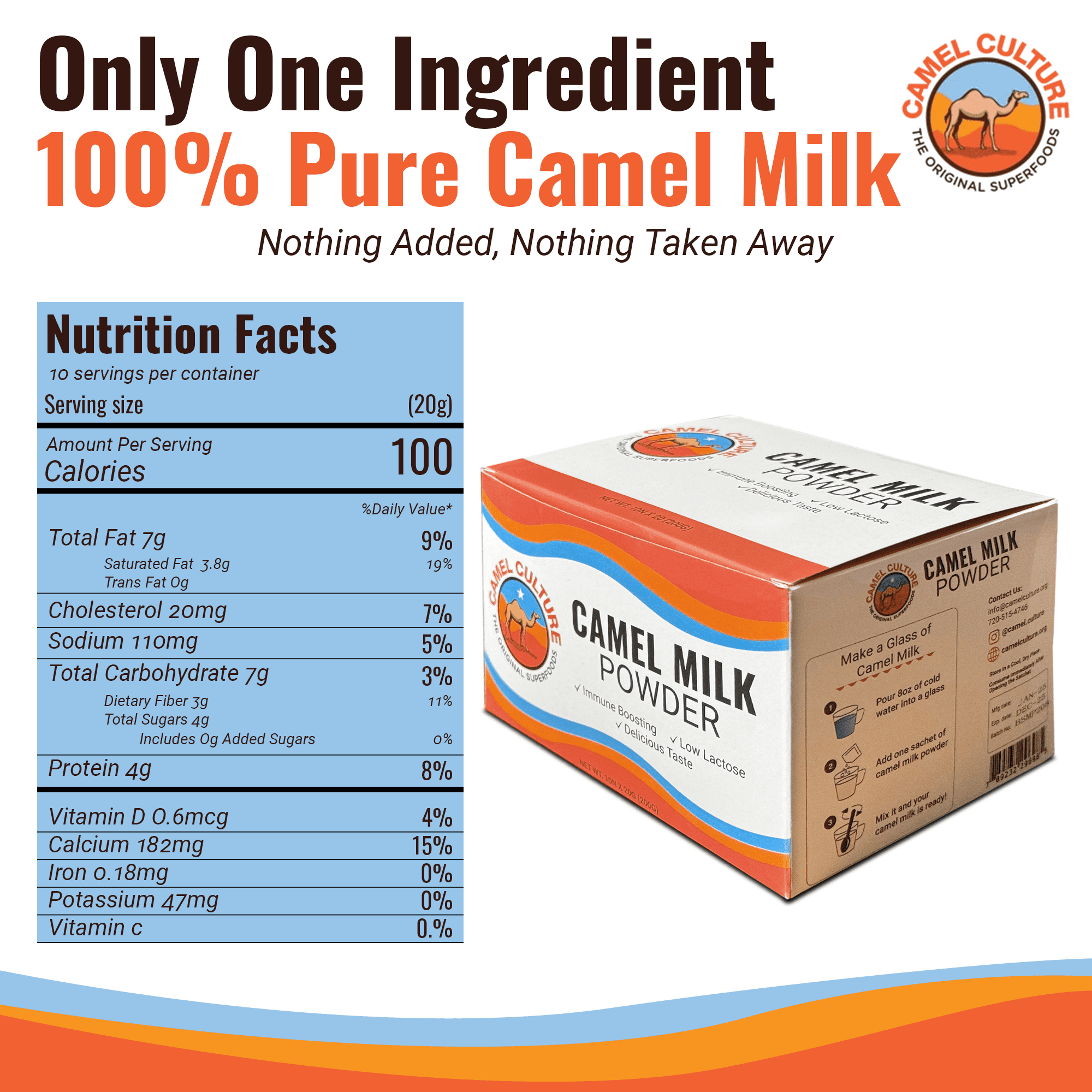 Camel Culture Dry Camel Milk Powder (10 Sachets) – 20g Nutrient Dense, Low Lactose Powdered Milk Packets – Concentrated, Pasteurized Traditional Dairy Alternative - Health Drink Powder for Smoothies