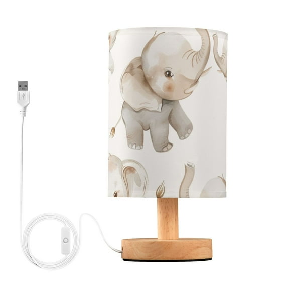 Full Elephants Table Lamp USB Bedside Desk Nightstand Lamp Printed Gifts Small Lamp Wood Base for Bedroom Living Room Kids Room College Dorm
