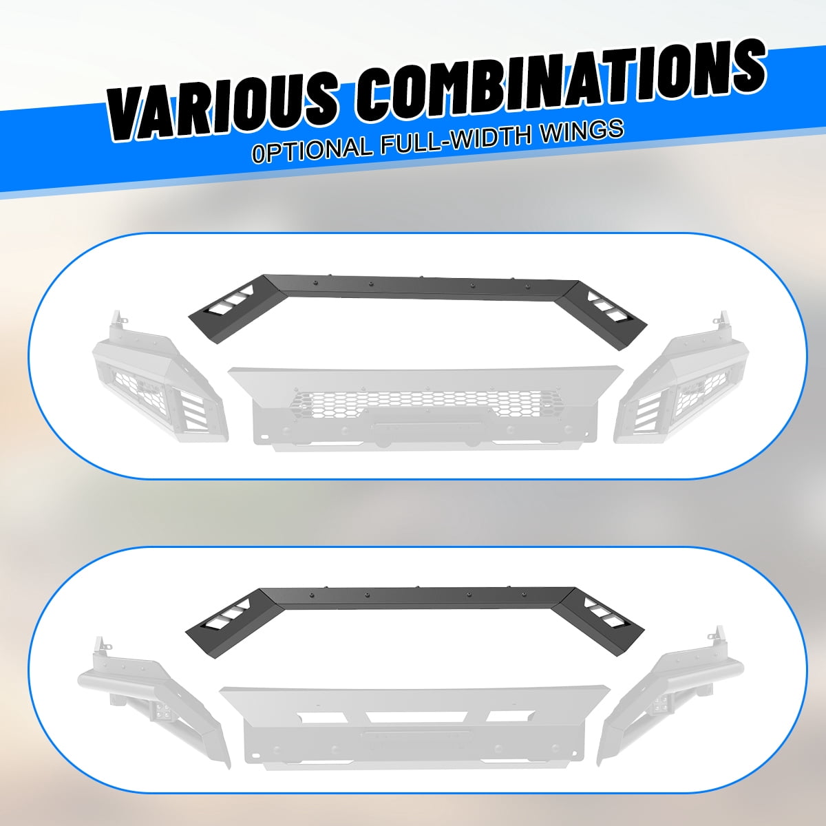 4 IN 1 Front Bumper for 2013-2018 Dodge RAM 1500 Pickup Truck(Excluding Rebel)/2019-2023 Ram 1500 (Exculding Warlock) Heavy Duty Steel Bumper w/Bull Bar + Skid Plates + 2*Side Wings​