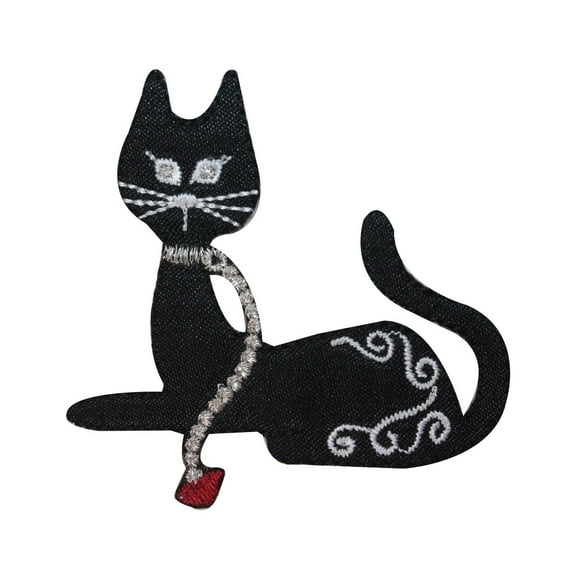 ID 2895 Black Cat With Leash Patch Kitty Kitten Embroidered Iron On Applique