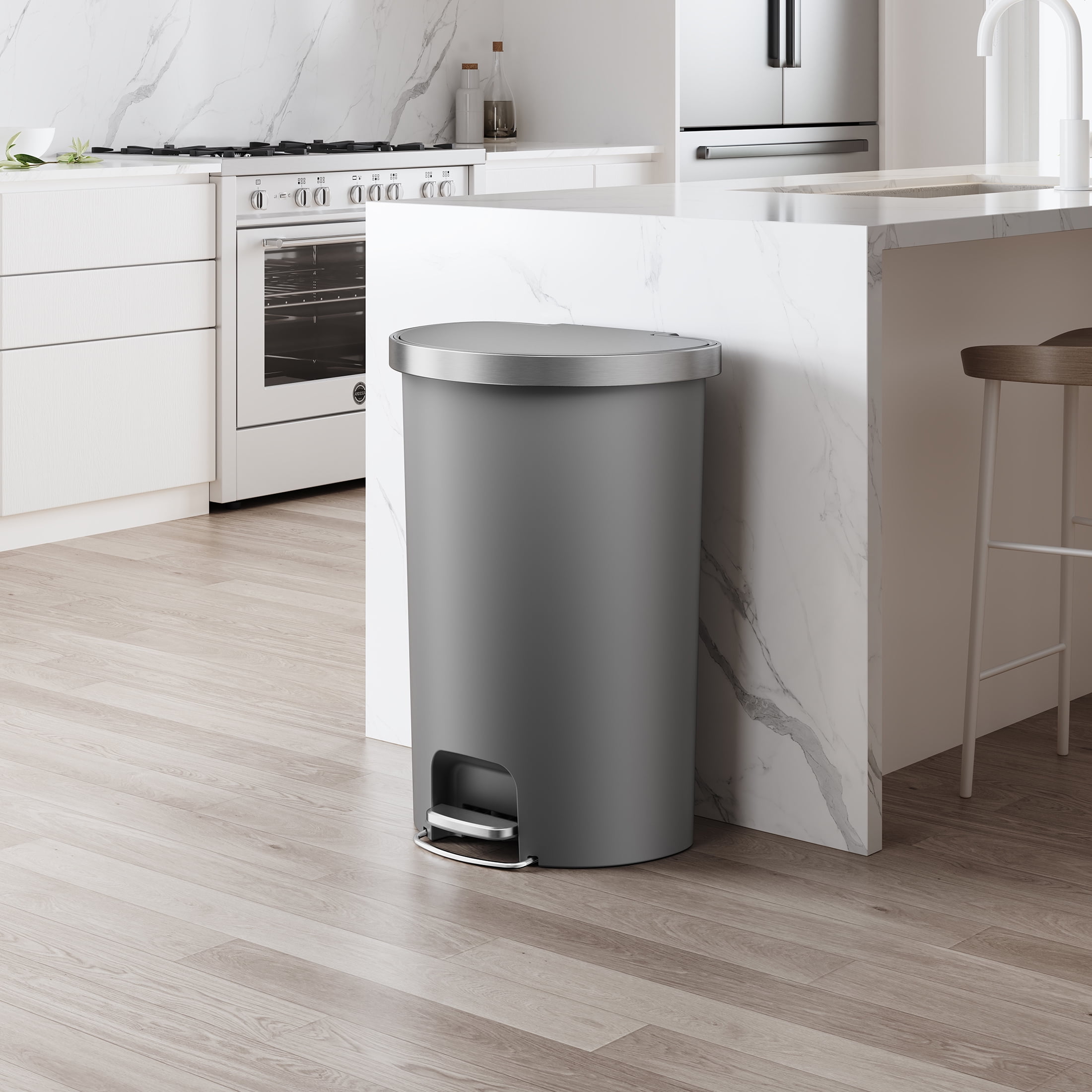Better Homes & Gardens Large Kitchen Trash Can, 14.5 Gallon Plastic Semi Round Step Garbage Bin with Soft Close Lid, Gray