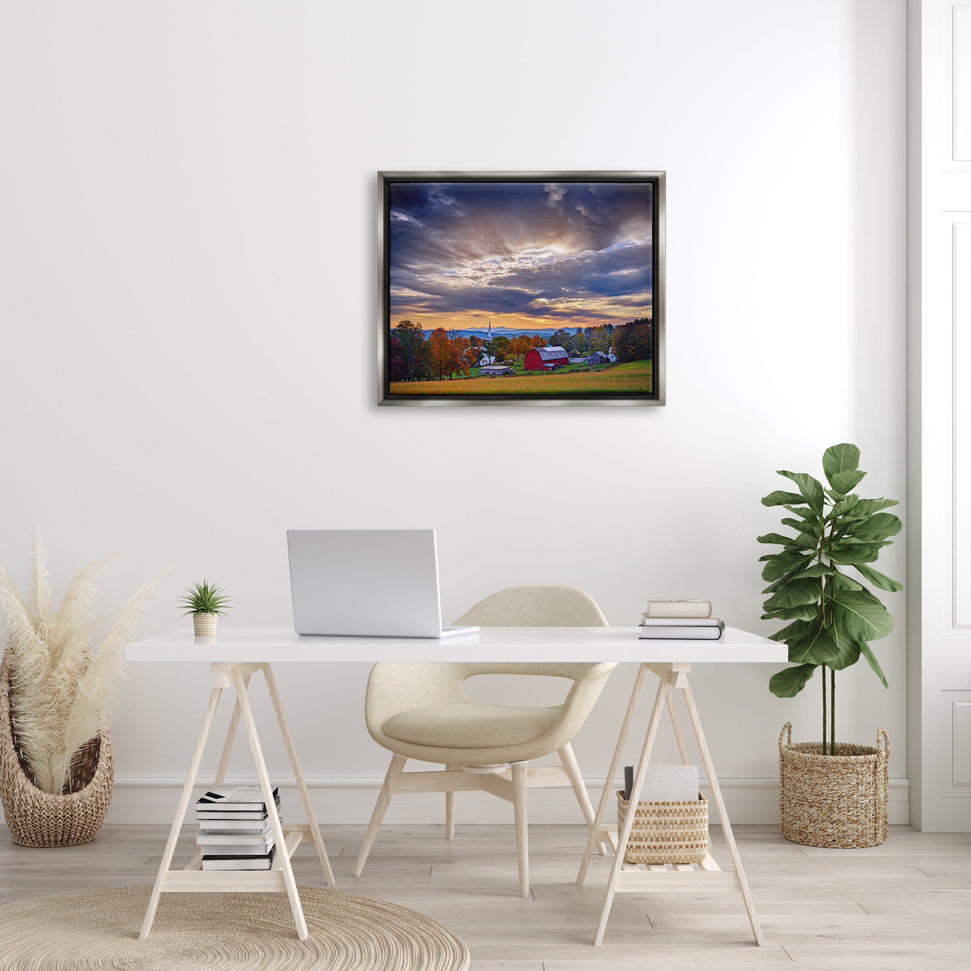 Stupell Rural Farm Pasture Sun Rays Landscape Photography Gray Floater Framed Art Print Wall Art