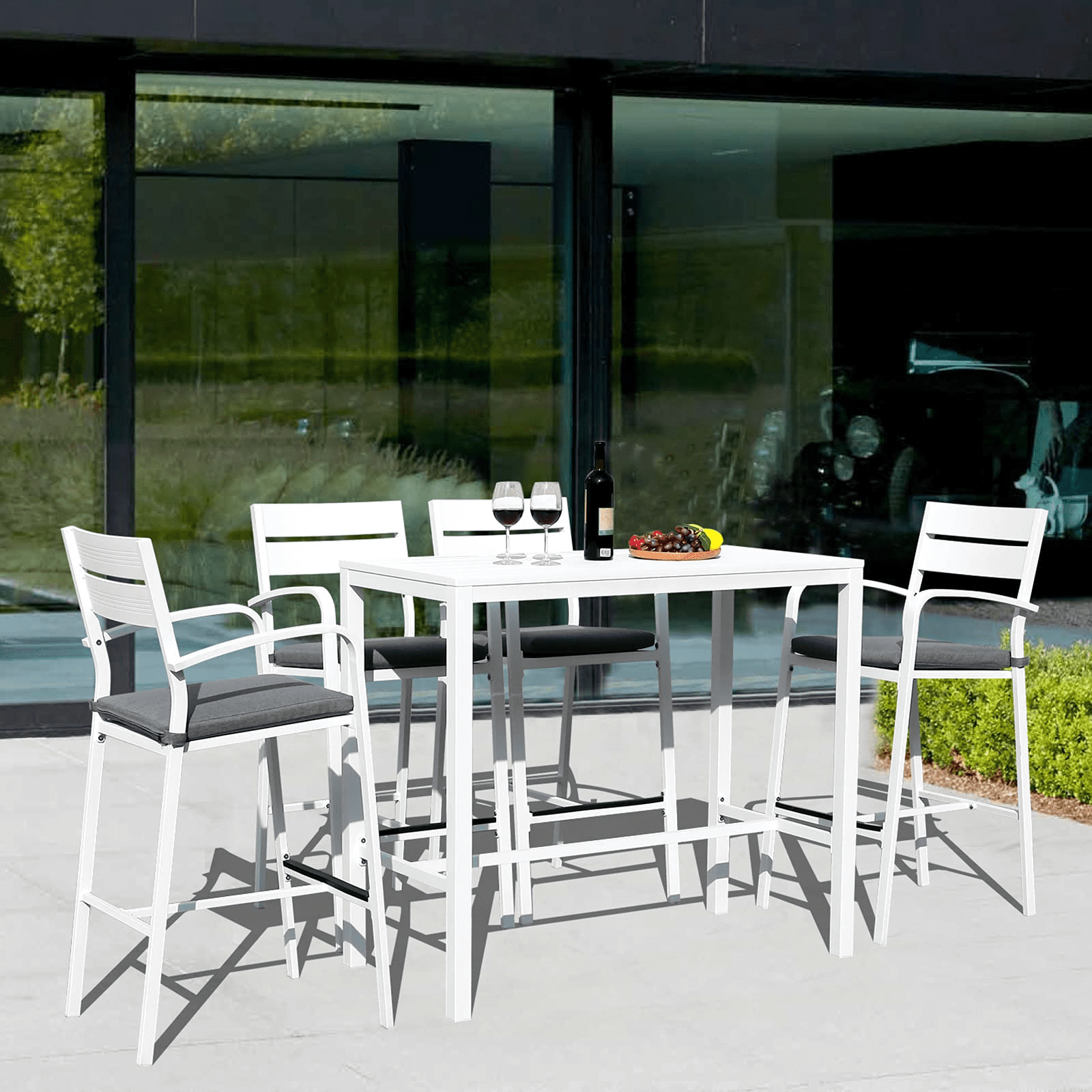 Dining Bistro Pub Set Soleil Jardin Outdoor Aluminum 5-Piece Bar Set Patio Bar Height Chairs with Cushion & Slatted High Top Table for Backyard Garden Pool White