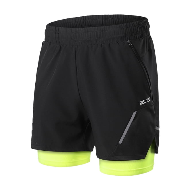 2-In-1 Men Running Shorts with Zipper Pockets Quick Dry Exercise Shorts for Training Gym Workout