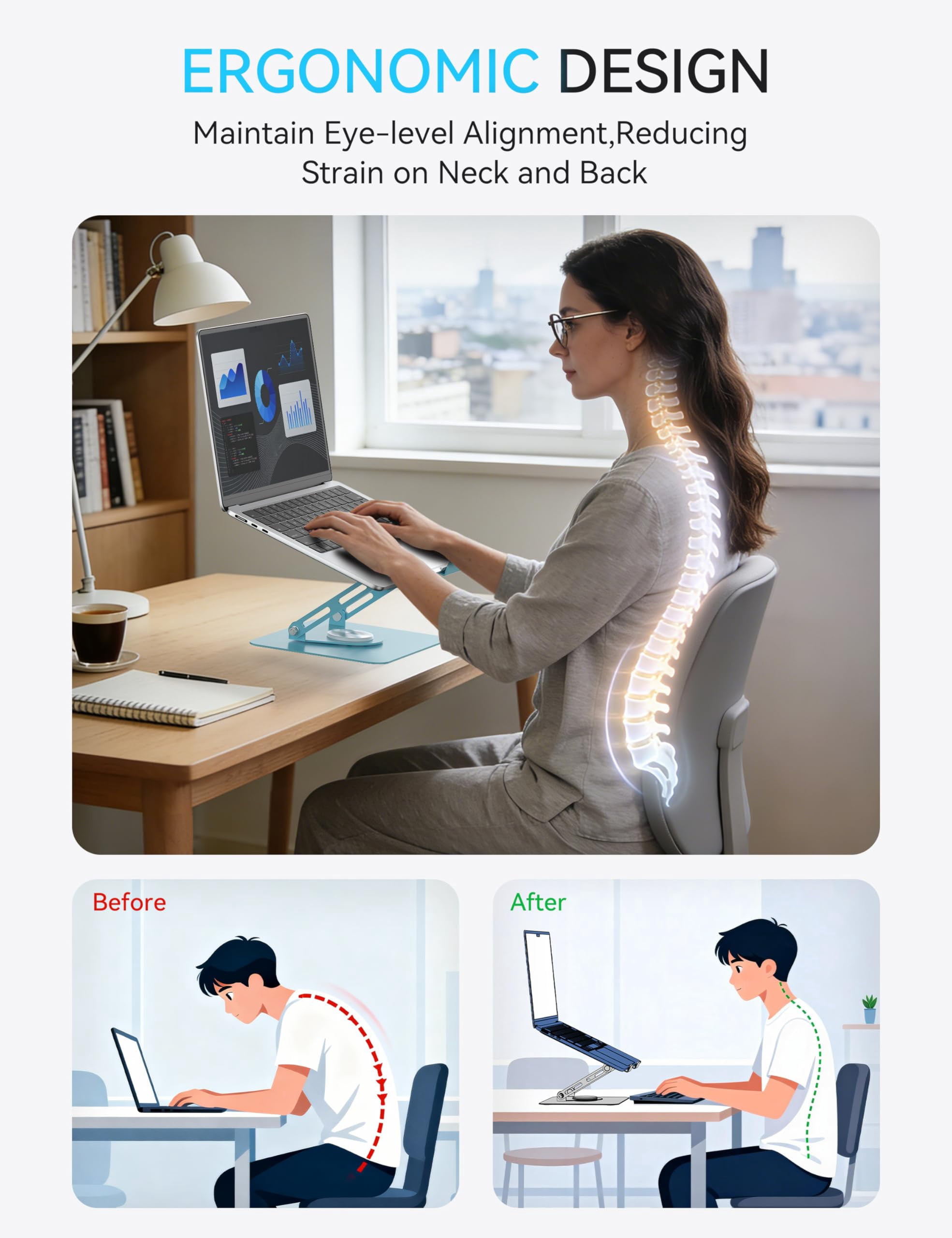 360 Rotating Laptop Stand  Computer Riser For Desk Adjustable Height Multi-angle Metal Holder Foldable Portable Notebook Elevating Base Office & Home Blue