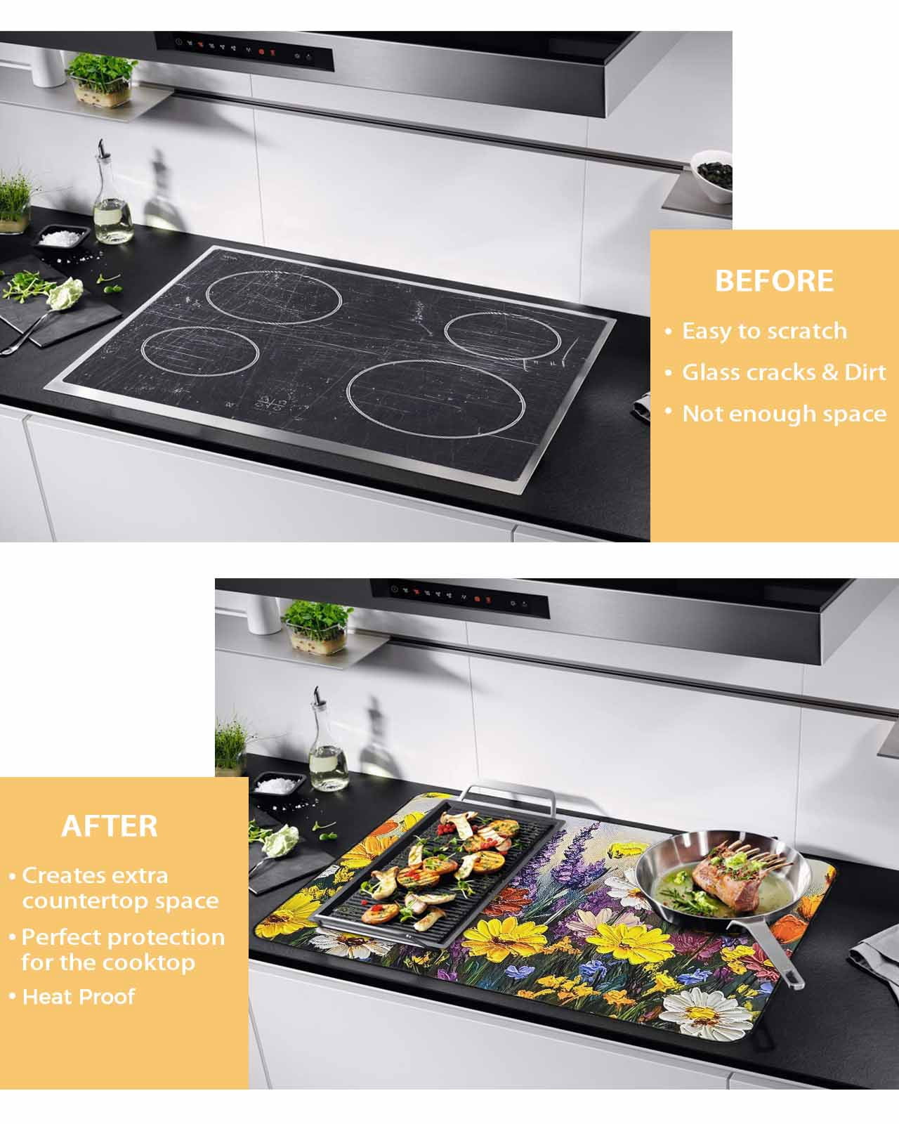 nqOlkjepod Large Induction Cooktop Protector Mat 24"x21", Wildflowers Botanical Stove Top Covers for Electric Stove, Oil Painting Pastoral Flowers Stove Burner Cover Mats, Glass Top Stove Cover