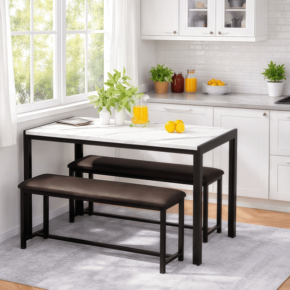 Cvortll Dining Faux Marble 30.7"H Table and 2 PU Leather Upholstered Bench for 4, White Dining Table with Bench for Home