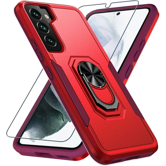 for Samsung Galaxy S22 Case with Screen Protector Tempered Glass[Not for S22 ],Heavy Duty Shockproof Full Body Phone Cover[Hard PC Back],Built in Finger Ring Stable Kickstand,2022 Red