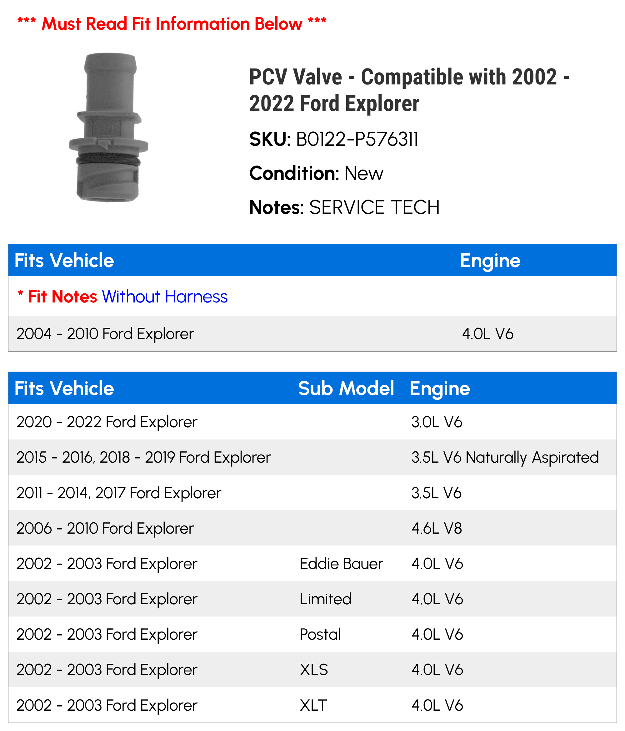 PCV Valve - Compatible with 2002 - 2022 Ford Explorer 2003 2004 2005 2006 2007 2008 2009 2010 2011 2012 2013 2014 2015 2016 2017 2018 2019 2020 2021