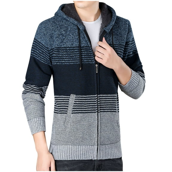 VSSSJ Men's Fall Winter Knit Coats Slim Fit Colorblock Patchwork Zip Up Long Sleeve Hooded Jacket Fashion Casual Baggy Comfortable Outwear Blue XXL