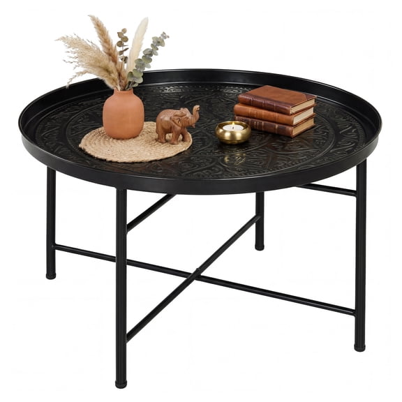 Round Coffee Table 24 Inch, Metal Center Table with Hammered Tray, Living Room & Bedroom, Black