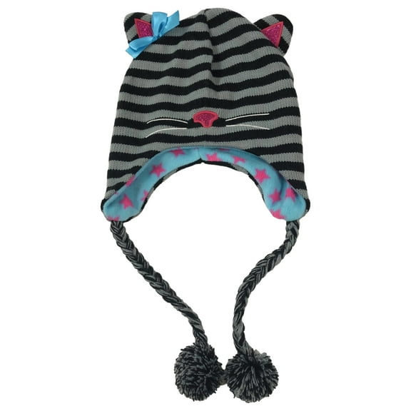Womens Black Striped Kitty Cat Peruvian Style Trapper Hat Fleece Lined