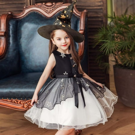 

TMOYZQ Toddler Baby Girls Halloween Cosplay Masquerade Princess Dress A-line Sleeveless Star Printed Front Bowknot Buttons Layers Tulle Tutu Skirt Summer Autumn Sundress with Witch Hat