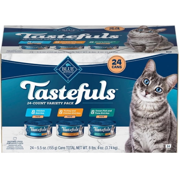 Blue Buffalo Tastefuls Wet Cat Food Paté Variety Pack, Made with Natural Ingredients, Chicken, Turkey & Chicken, Ocean Fish & Tuna Entrées, 5.5-oz Cans (24 Count, 8 of Each)