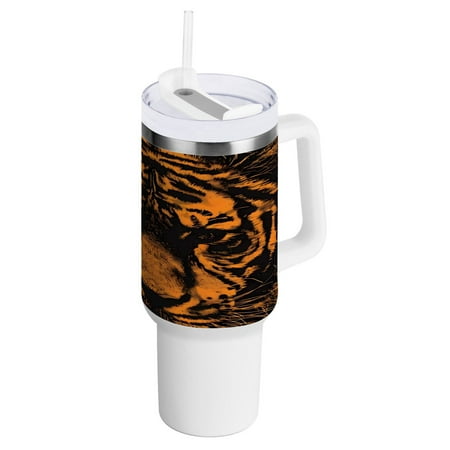 

40 Oz Car Handle Water Bottle 10.8x3.85 Inch Handle And Straw Travel Water Bottle Reusable Stainless Steel Water Bottle Orange Tiger