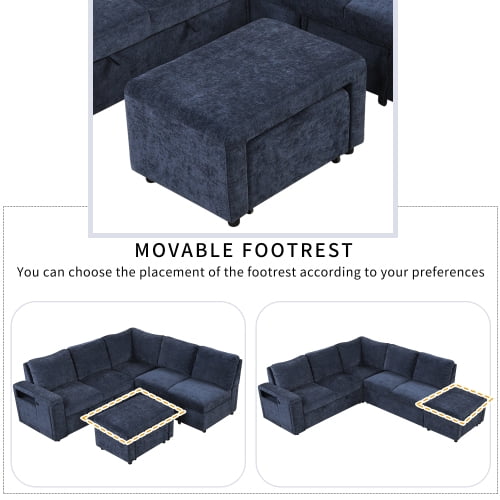 U_STYLE L-Shaped Pull-Out Sofa Bed with Storage, USB Ports & Cup Holders, Modular Convertible Sleeper for Living Rooms, Offices & Apartments, Blue
