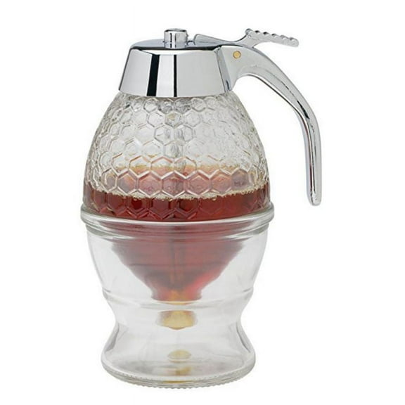 Honey Dispenser No Drip Plastic with Stainless Steel Top - Syrup Dispenser Plastic- Beautiful Honey Pot - Honey Jar with Stand
