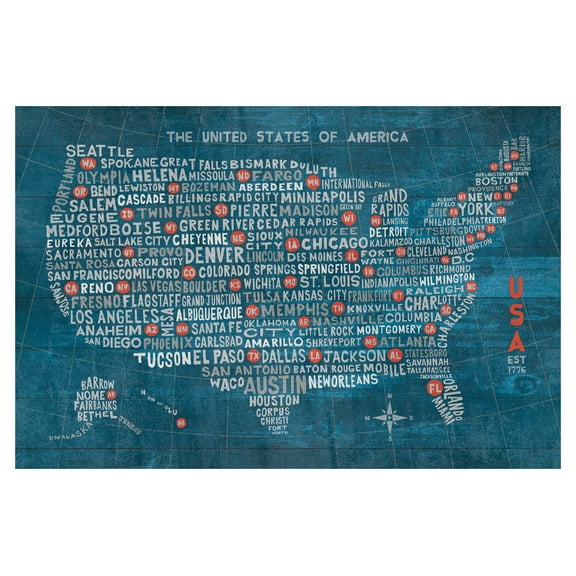 Beautiful City and State Capital Typography Map of The United States on Blue by Michael Mullan; One 18x12in Unframed Paper Poster