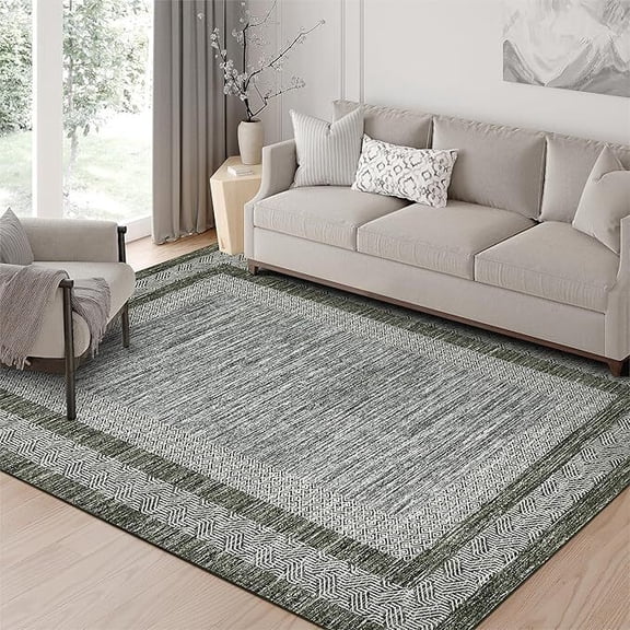 Modern Area Rug 5x7 Washable Rug for Living Rooms, Soft Non Shedding Faux Wool Floor Covering, Low Pile Thin Foldable Mat , Green