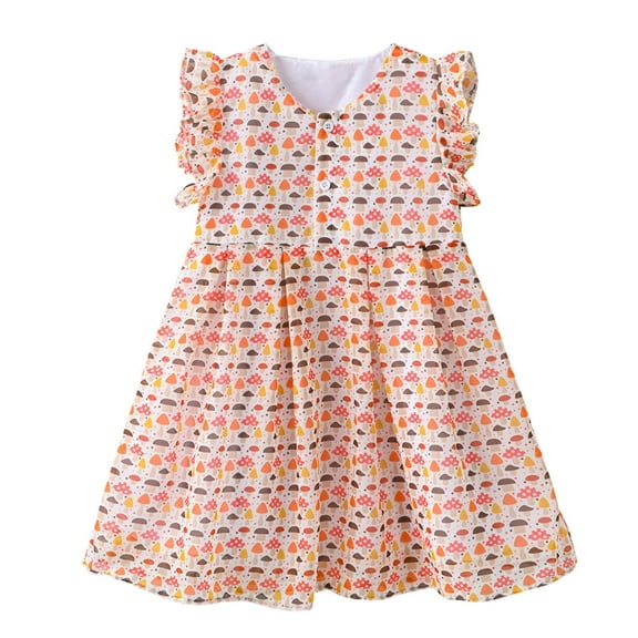 Odeerbi Cute Dresses For Girls Toddler Kids Baby Girls 2025 Fashion Cute Sleeveless Sweet Cartoon Print Ruffle Dress Orange