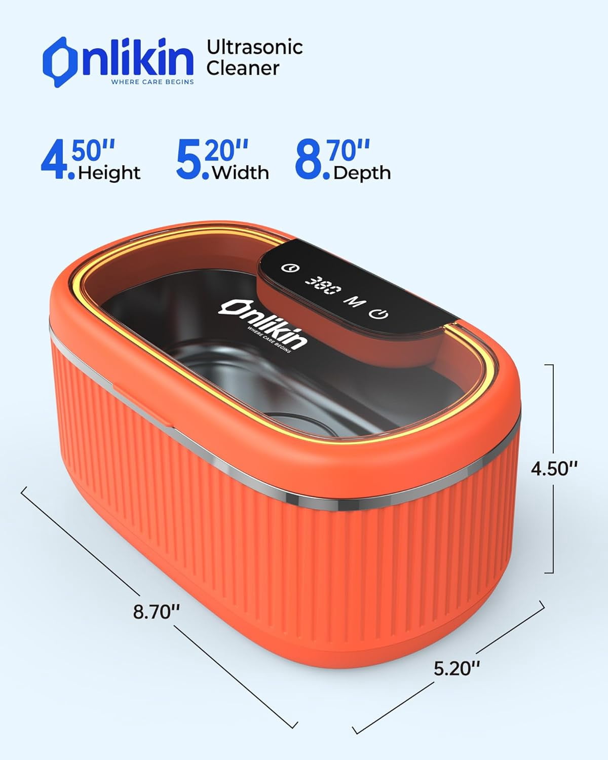 Ultrasonic Jewelry Cleaner 35W 45KHz – for Retainers, Eyeglasses & Dentures, 20oz 304SS Tank, 5 Timer Modes (Orange)