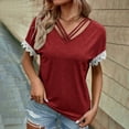 thumbnail image 3 of Fashion Olyvenn Criss Cross V Neck Tops for Women Lace Patchwork Short Sleeve Shirt Solid Color T Shirts Plus Size Loose Fit Blouse Wine S, 3 of 7