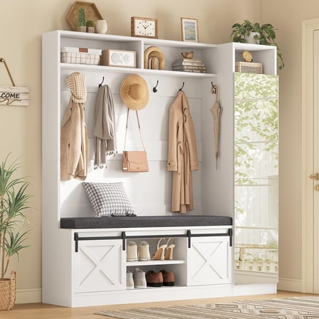 Frhnenha 60" Farmhouse Hall Tree with Bench and Shoe Storage, 4-in-1 Entryway Coat Rack with Full-length Mirror and 2 Sliding Barn Doors for Hallway, Living Room, White