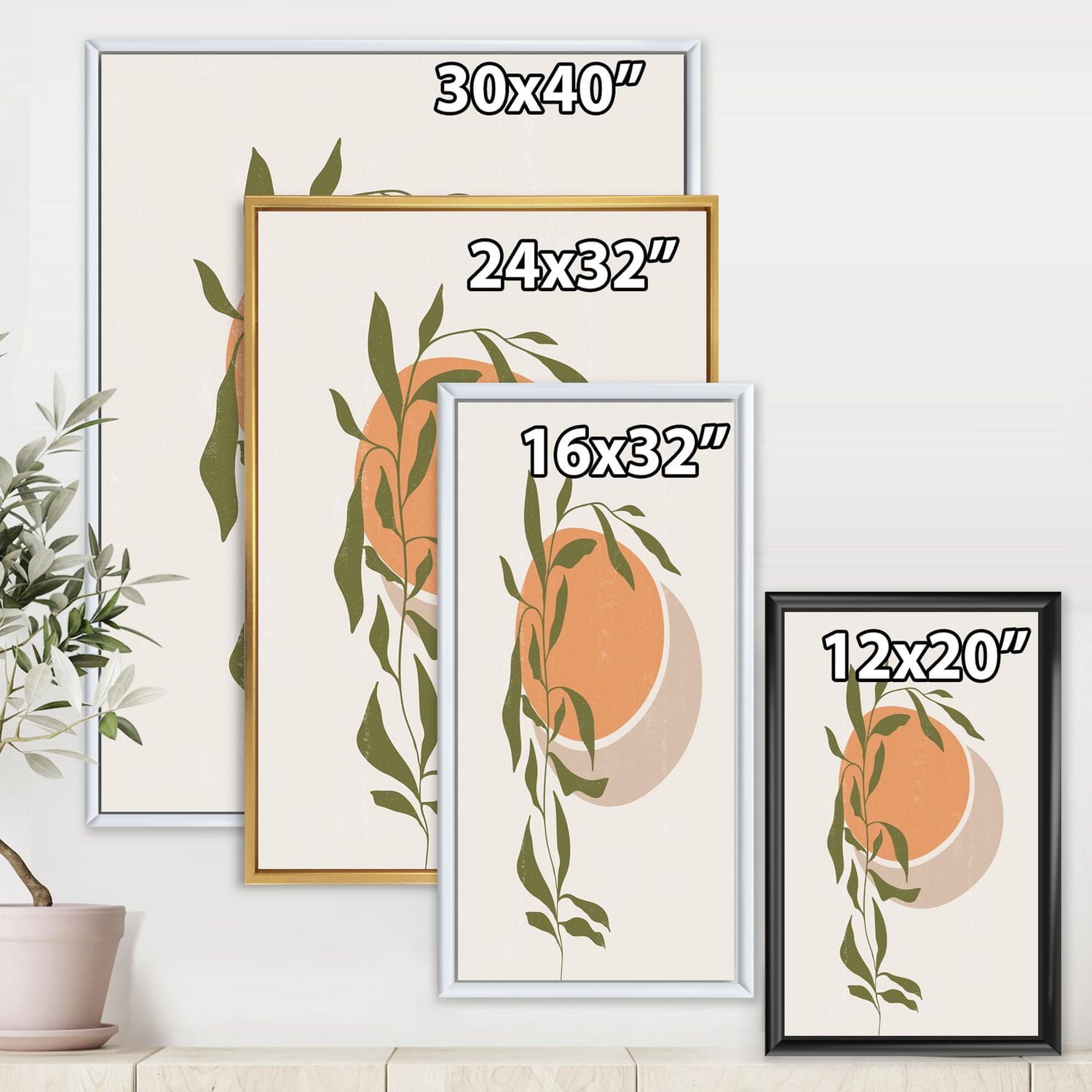 Designart Soleil et lune orange abstraits avec des feuilles tropicales ART MURAL À CADRE FLOTTÉ