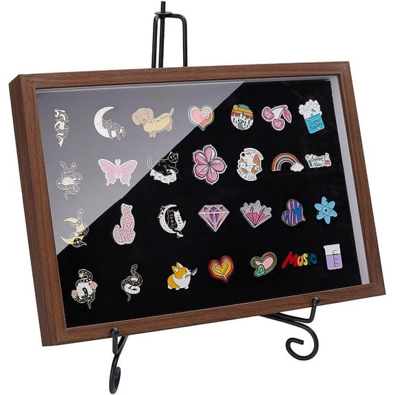 Shadow Box Pin Display Case with Tabletop Display Stand 12.6x8.7x1.3inch Coconut Brown Rectangle MDF Presentation Box with Acrylic Visible Window for Badge Storage