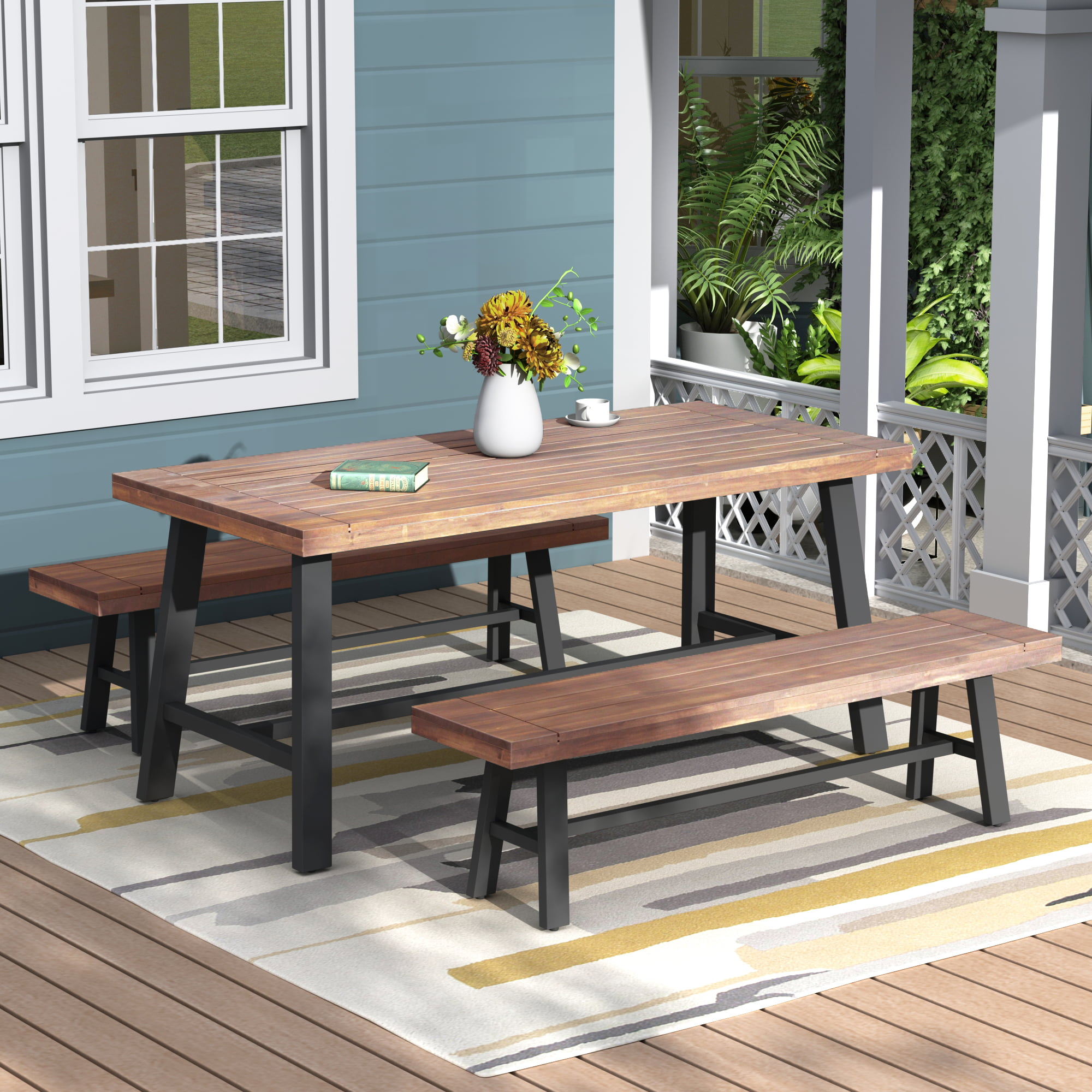 Outdoor Patio Furniture Dining Set, Solid Wood Outdoor Table and Bench ...