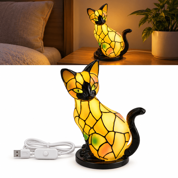 Cat Lamp,Retro Cats Stained Resin Tabletop Night Light, Animal Table Lamps Series,Cat Lamp Stained Glass Tabletop Night Light, 3D Cute Pet LED Table Lamps,Gift for Lovers