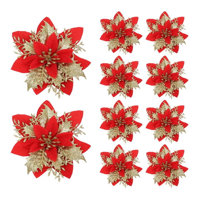 Ruifaya ZOUBAOQ 10 piezas 14 cm flores artificiales de Navidad con purpurina adornos para árbol de Navidad decoraciones nuevas para el año nuevo regalo de Navidad para el hogar