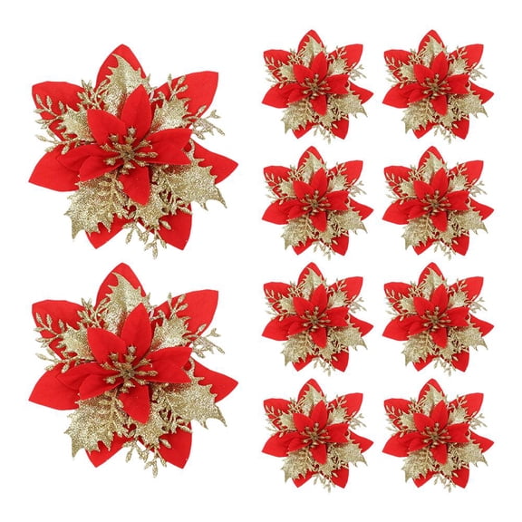 10pcs Christmas Ornament Flowers – 14cm Glitter Artificial Decorations for Tree, Wreath & Holiday Display