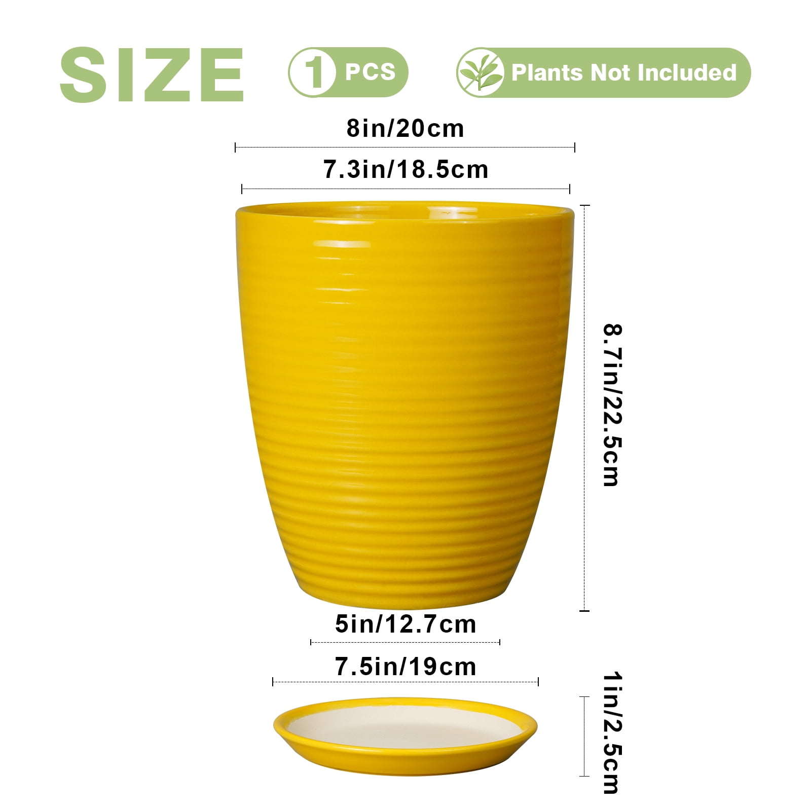 EPFamily 8 Inch Yellow Ceramic Planter with Drainage Hole and Saucer – Modern Flower Pot for Indoor Plants, Snake Plants, Herbs